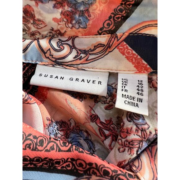 Susan Graver Medium Topper Shirt Tunic Top Vest Chiffon Peach Fuzz Printed Patch - Picture 12 of 13